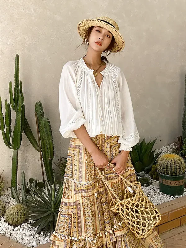 Boho White Breathable Cotton Broderie Anglaise Puff Sleeve Blouse