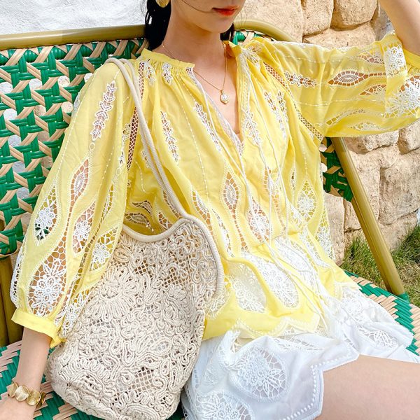 Womens Resort Floral Embroidered Blouse V Neck KimonoSleeve TieUp