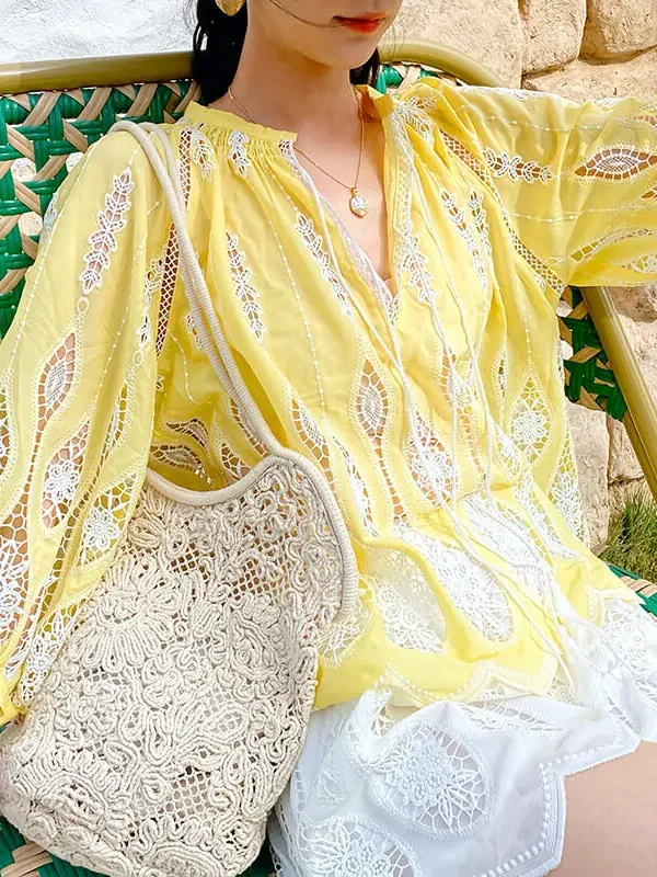 Womens Resort Floral Embroidered Blouse V Neck KimonoSleeve TieUp