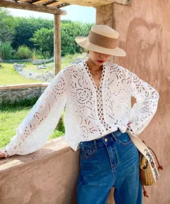 Women's French Cotton LS V-Neck Embroidery Hollow Out Loose Fit