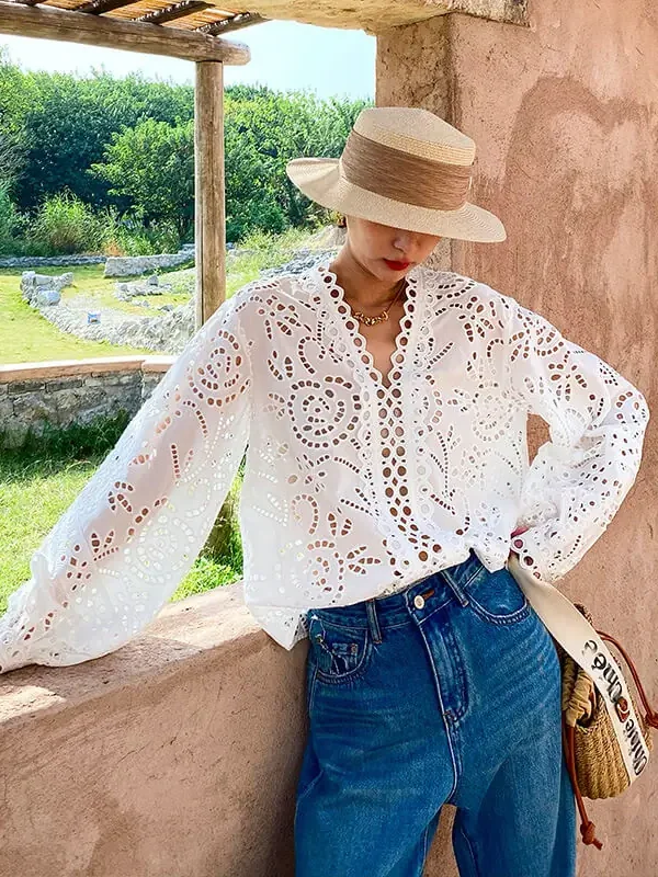 Women's French Cotton LS V-Neck Embroidery Hollow Out Loose Fit