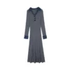 Elegant Wool Blend Denim Patchwork Polo Long Sleeve Knit Midi Dress