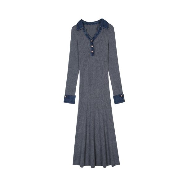 Elegant Wool Blend Denim Patchwork Polo Long Sleeve Knit Midi Dress