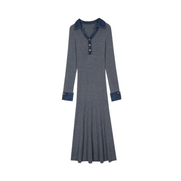 Elegant Wool Blend Denim Patchwork Polo Long Sleeve Knit Midi Dress