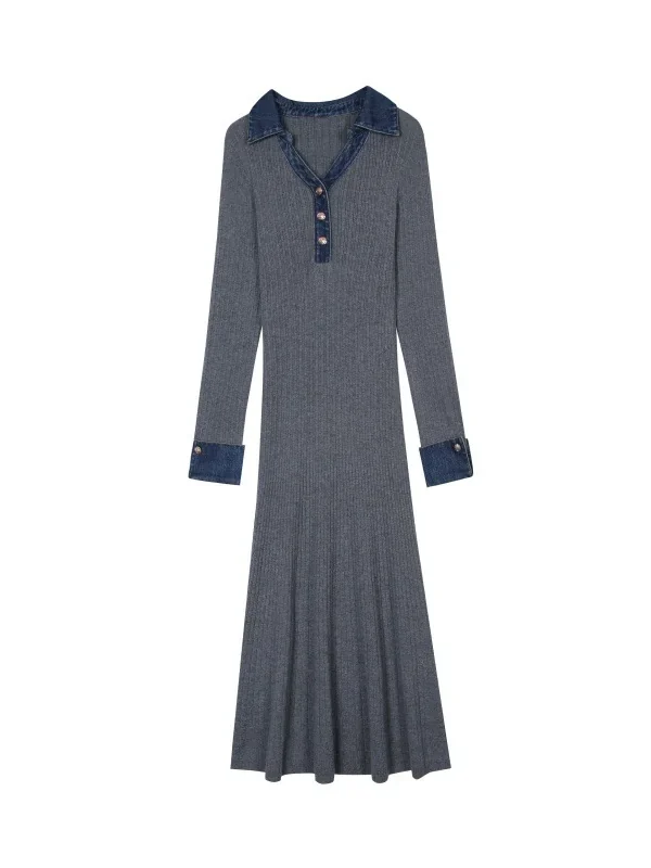 Elegant Wool Blend Denim Patchwork Polo Long Sleeve Knit Midi Dress