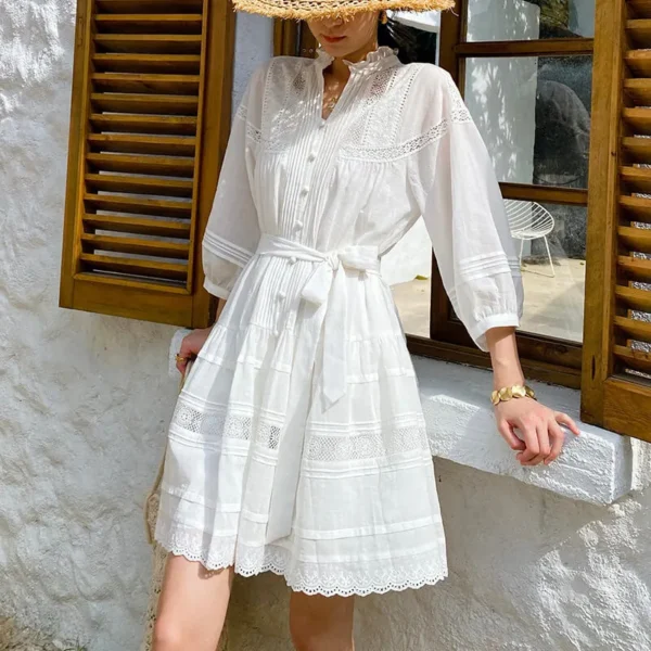 French Riviera Breathable Pure Cotton Broderie Anglaise Mini Shirt Dress