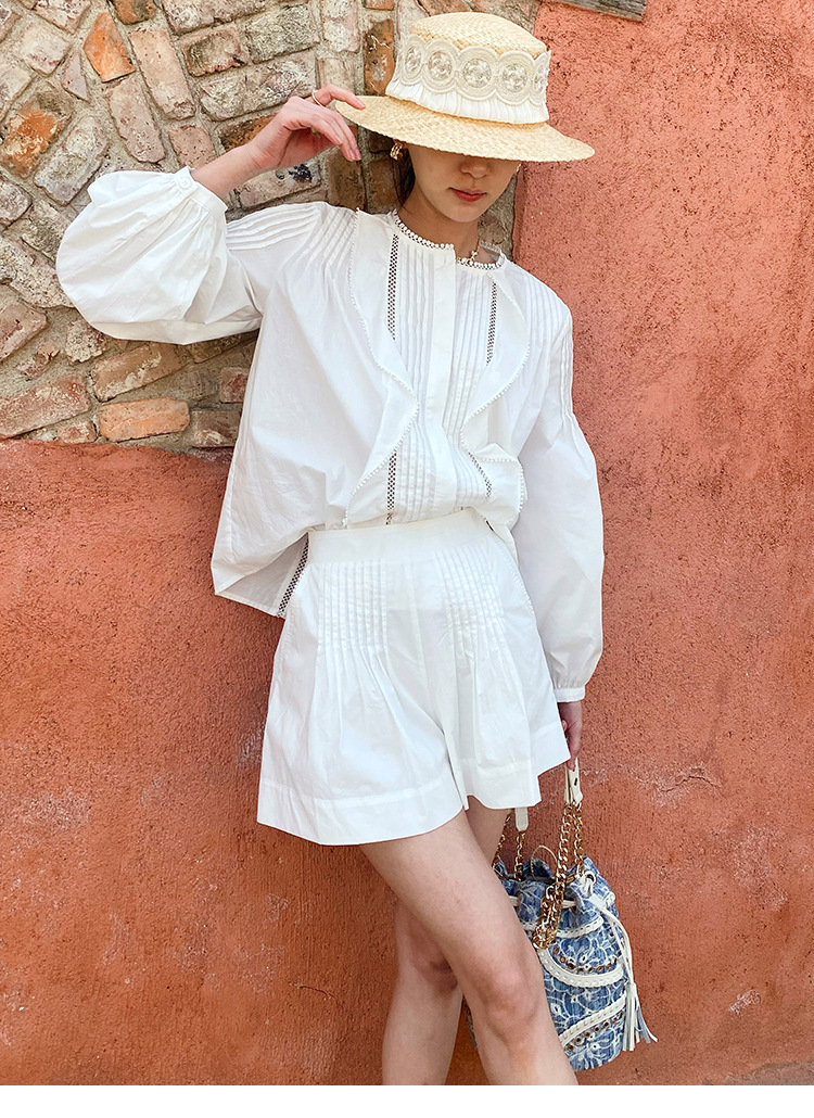 Women's French White Cotton Pleated Long Sleeve Shirt