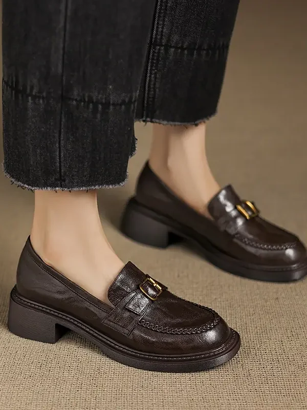 Women's Square Toe Block Heel Sheepskin Loafers