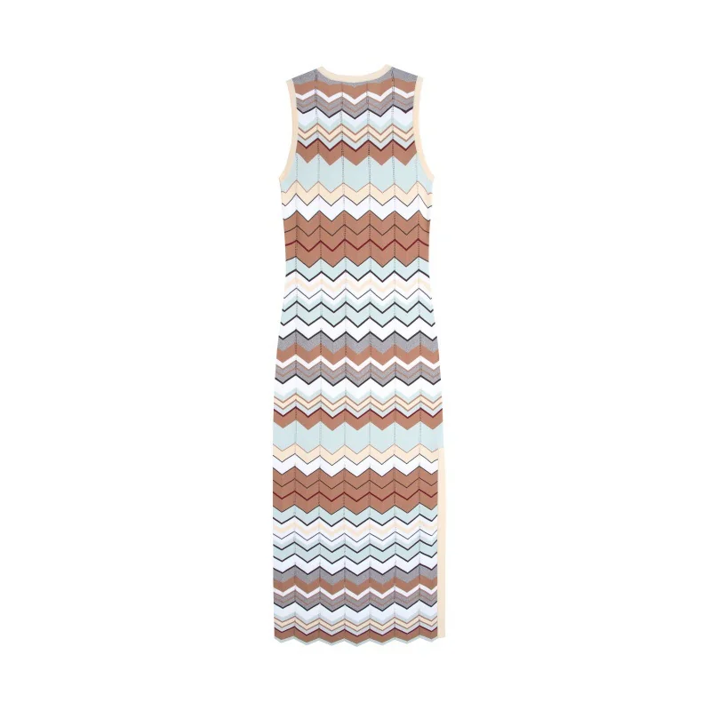 Elegant Sleeveless Chevron Knit Midi Dress Crew Neck High Waist Casual