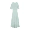 Elegant Light Green Hollow Out Knit Midi Dress Short Sleeve High Waist
