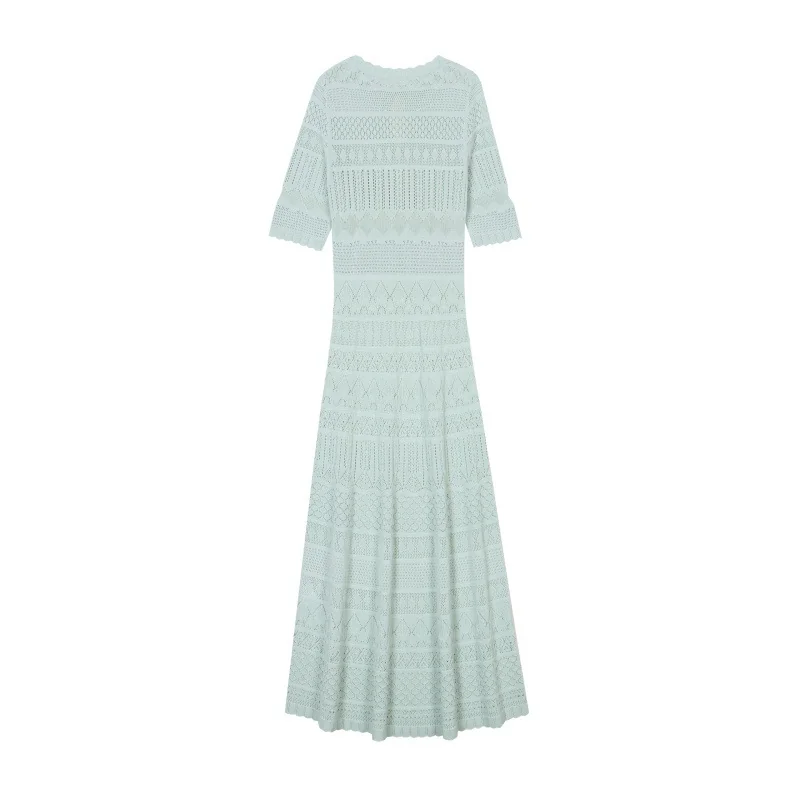 Elegant Light Green Hollow Out Knit Midi Dress Short Sleeve High Waist