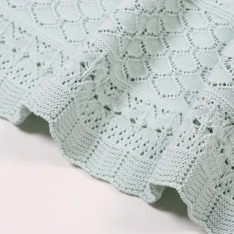 Elegant Light Green Hollow Out Knit Midi Dress Short Sleeve High Waist