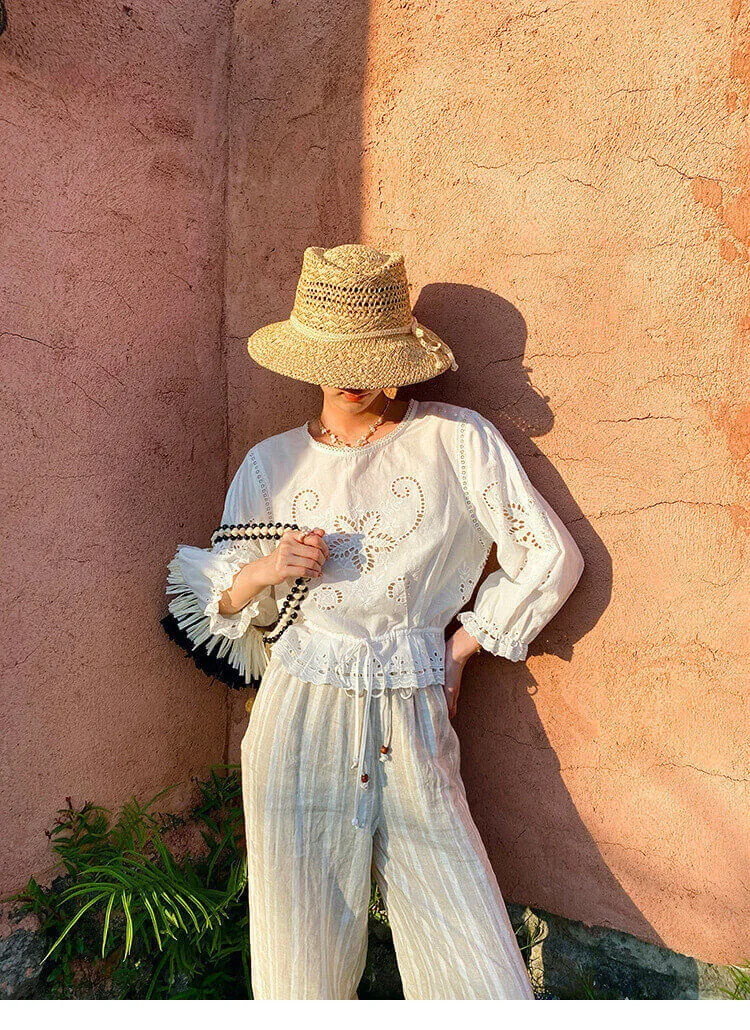 Women's Cotton Floral Embroidery Lace Ruffle Puff 3/4 Sleeve Top Skirt Set