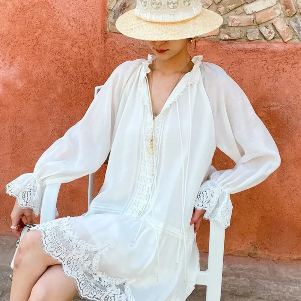 French Tencel Linen Dress Long Puff Sleeve V-Neck Midi Loose