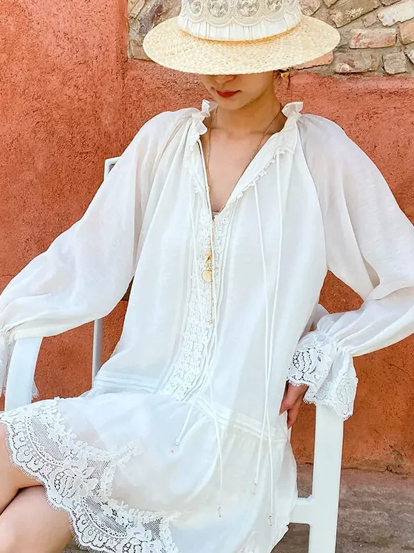 French Tencel Linen Dress Long Puff Sleeve V-Neck Midi Loose