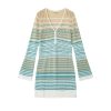 Elegant High Waist V Neck Long Sleeve Striped Open Knit Midi Dress Skin-Friendly Cooling