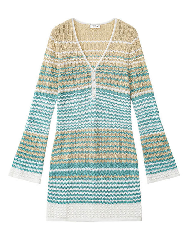Elegant High Waist V Neck Long Sleeve Striped Open Knit Midi Dress Skin-Friendly Cooling