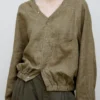 Minimalist Sustainable Linen V Neck Long Sleeve Cropped Shirt
