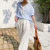Women's Resort Striped Linen Mix Short Sleeve Loose V Neck Shirt Lace Tassel