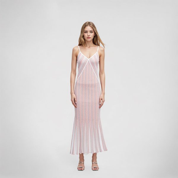 Elegant Women Striped Lurex Tencel Knit Midi Slip Dress Skin-Friendly Cooling V Neck A Line