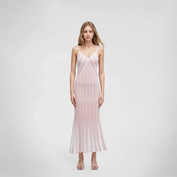 Elegant Women Striped Lurex Tencel Knit Midi Slip Dress Skin-Friendly Cooling V Neck A Line