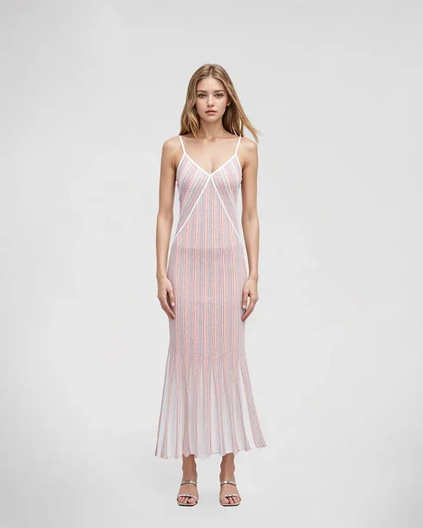 Elegant Women Striped Lurex Tencel Knit Midi Slip Dress Skin-Friendly Cooling V Neck A Line