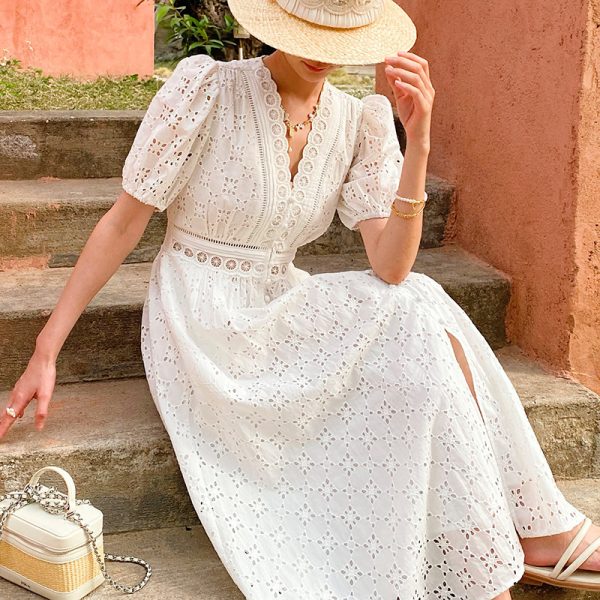 French Riviera Broderie Anglaise Cotton Puff Sleeve Midi Dress