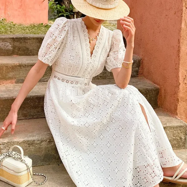 French Riviera Broderie Anglaise Cotton Puff Sleeve Midi Dress