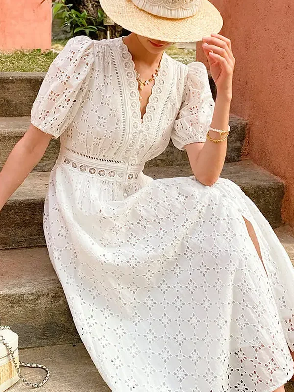 French Riviera Broderie Anglaise Cotton Puff Sleeve Midi Dress