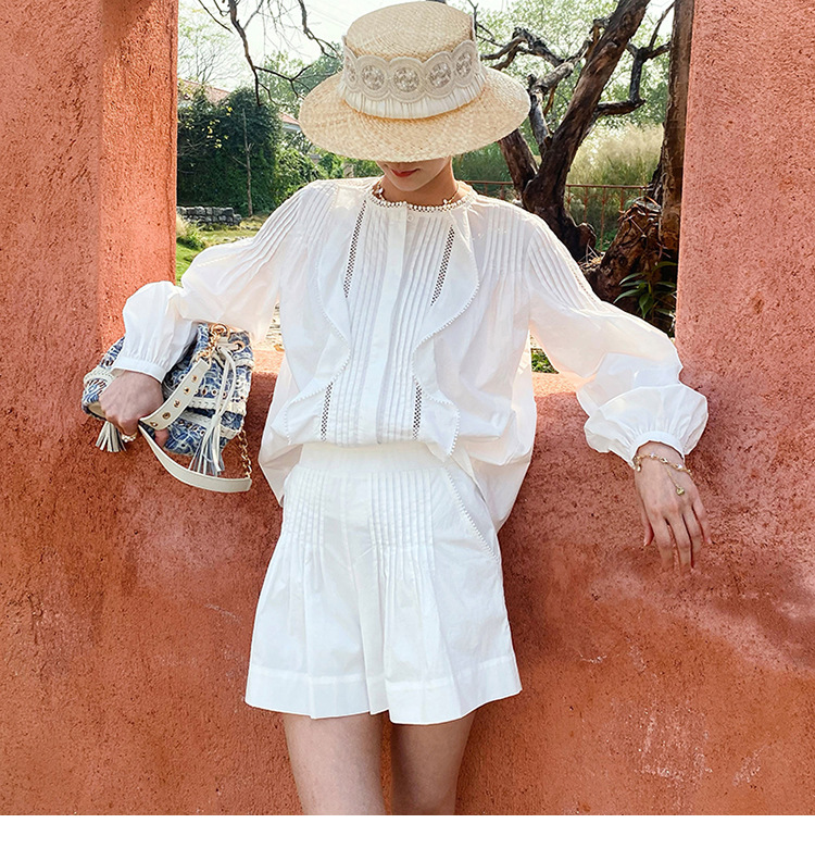 Women's French White Cotton Pleated Long Sleeve Shirt