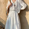 Bohemian Cotton Embroidered Floral V-neck 3/4 Hollow Out Top Midi Skirt