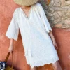 Cotton Embroidered Eyelet Tassel Loose Midi Dress 3/4 Sleeve Boho