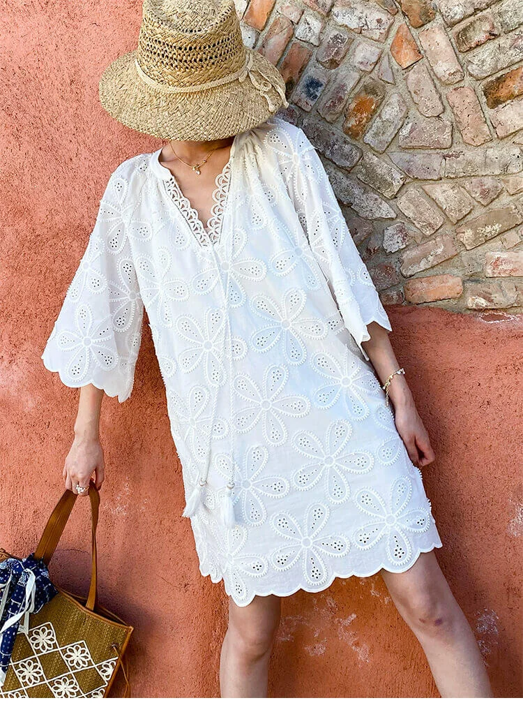 Cotton Embroidered Eyelet Tassel Loose Midi Dress 3/4 Sleeve Boho