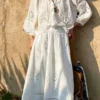 Bohemian Cotton Embroidered Floral V-neck 3/4 Hollow Out Top Midi Skirt