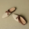 Women's Rounded Toe Sheepskin Colorblock Mules Block Heel Perforated Sandal