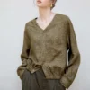 Minimalist Sustainable Linen V Neck Long Sleeve Cropped Shirt