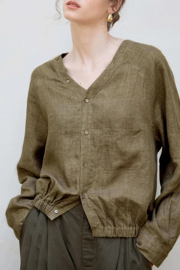 Minimalist Sustainable Linen V Neck Long Sleeve Cropped Shirt
