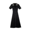 Women Black Rhinestone Collar Buttoned Short Sleeve Knit Midi Dress