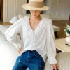 French Riviera Broderie Anglaise Pure Cotton Long Sleeve Blouse