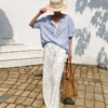 Women's Resort Striped Linen Mix Short Sleeve Loose V Neck Shirt Lace Tassel