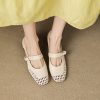 Women's Casual Cutout Leather Low Thick Heel Round Toe Sandals
