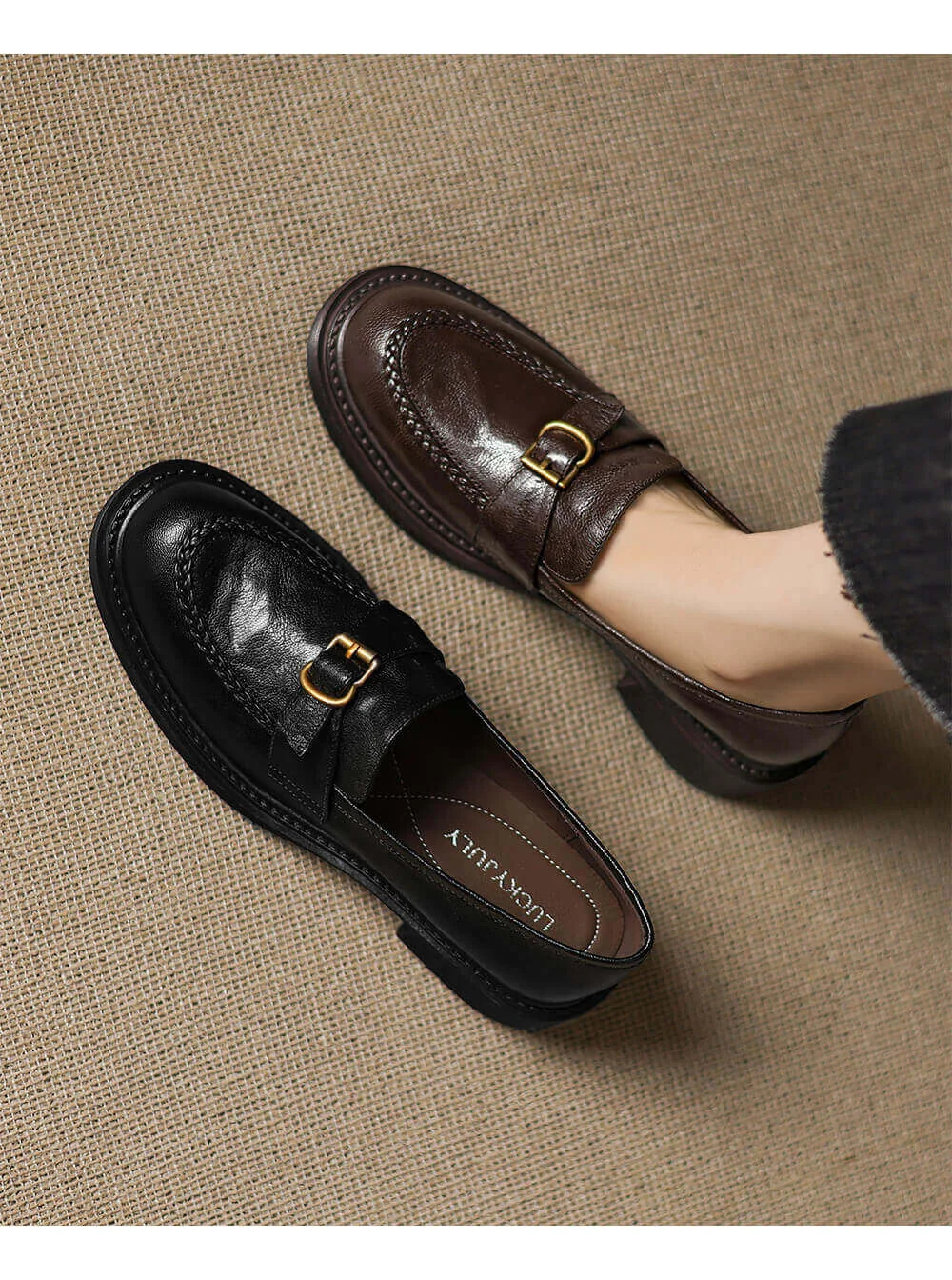 Women's Square Toe Block Heel Sheepskin Loafers