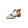 Women's French Retro Cowhide T-Strap Sandals Square Toe Medium Thick Heel