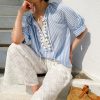 Women's Resort Striped Linen Mix Short Sleeve Loose V Neck Shirt Lace Tassel