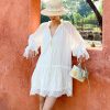 French Tencel Linen Dress Long Puff Sleeve V-Neck Midi Loose