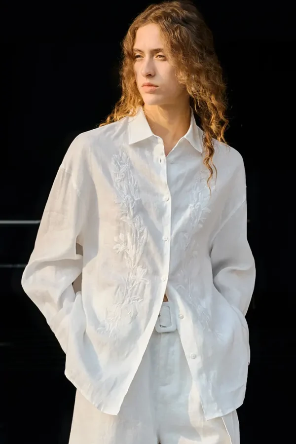 Timeless Breathable Pure Linen Floral Embroidery Long Sleeve Shirt