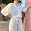 Bohemian Cotton Embroidered Floral V-neck 3/4 Hollow Out Top Midi Skirt
