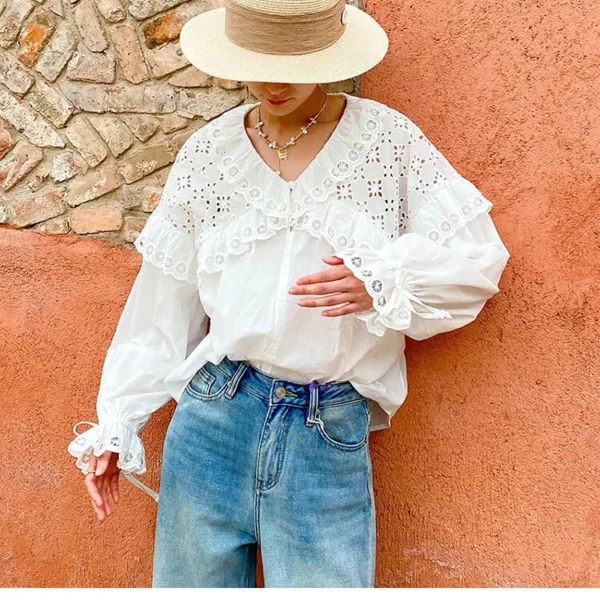 French White Cotton Blouse Long Sleeve V Neck Embroidery Lace Ruffle