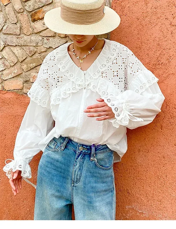 French White Cotton Blouse Long Sleeve V Neck Embroidery Lace Ruffle