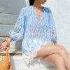 Womens Resort Floral Embroidered Blouse V Neck KimonoSleeve TieUp